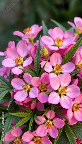 Delicate pink flowers and cannabis leaves artfully arranged in a charming bouquet, petals, buds