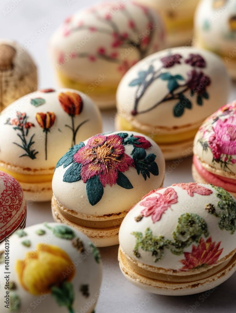 an array of oval egg-shaped macaron with intricate Easter art floral designs, simple and clean, from a restaurant an array of oval egg-shaped macaron with intricate Easter art floral designs, simple and clean, from a restaurant