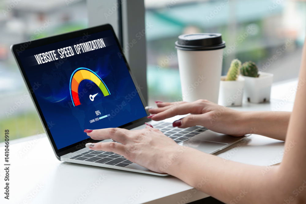 Computer software evaluating website loading speed. Concept of improving website loading speed snugly.