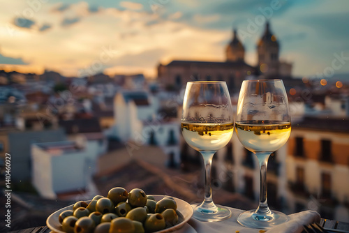 A cinematic, wide-angle photograph of two wine glasses filled with white wine and a plate of olives on a rooftop terrace, set against the backdrop of an old Spanish city