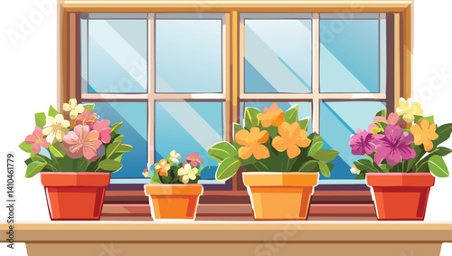 Flowerpot with Blooming Flowers on Windowsill Vector Isolated, Cozy Home Gardening Concept, Sunny Indoor Plant Display, Cheerful Spring Decor