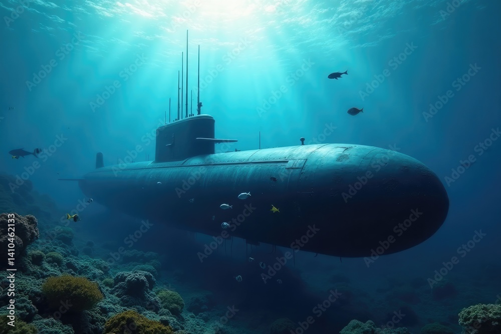 A large submarine glides through crystal-clear waters, surrounded by colorful fish and coral reefs, evoking a sense of deep-sea adventure