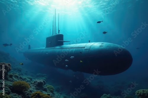 Obraz na płótnie A large submarine glides through crystal-clear waters, surrounded by colorful fish and coral reefs, evoking a sense of deep-sea adventure w salonie