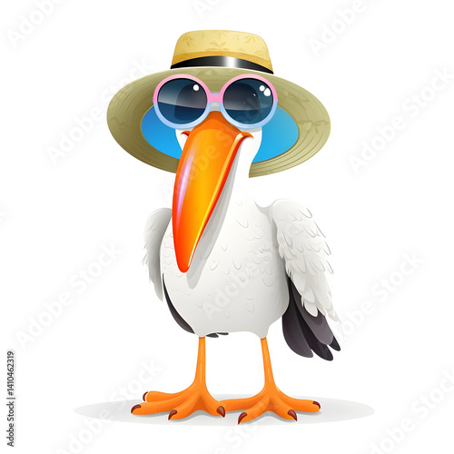 ibis cartoon character with sunhat and sunglasses fun summer bird design bright colors clip art white background