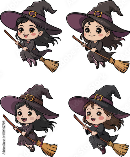 Cute Little Girl Witch Flying on Broom Halloween Cartoon Clipart