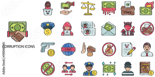 Corruption simple concept 24 hand drawn color icons set. Contains such stop, bribe, corruption, bribery, graft, ingestion .Vector illustration.
