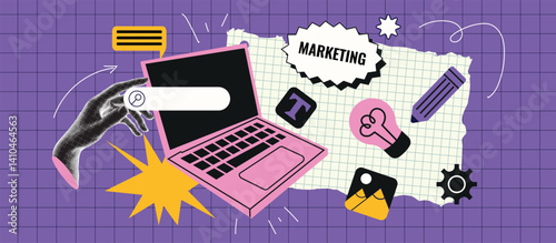 Modern marketing banner with artistic paper collage. Includes computer, halftone hand, speech bubble, icons, and text. Conceptual vector illustration on business, communication, and social media.