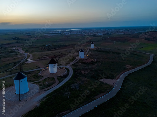 Aerial view of the windmills of Alcázar de San Juan, Ciudad Real, Castilla-La Mancha, Spain