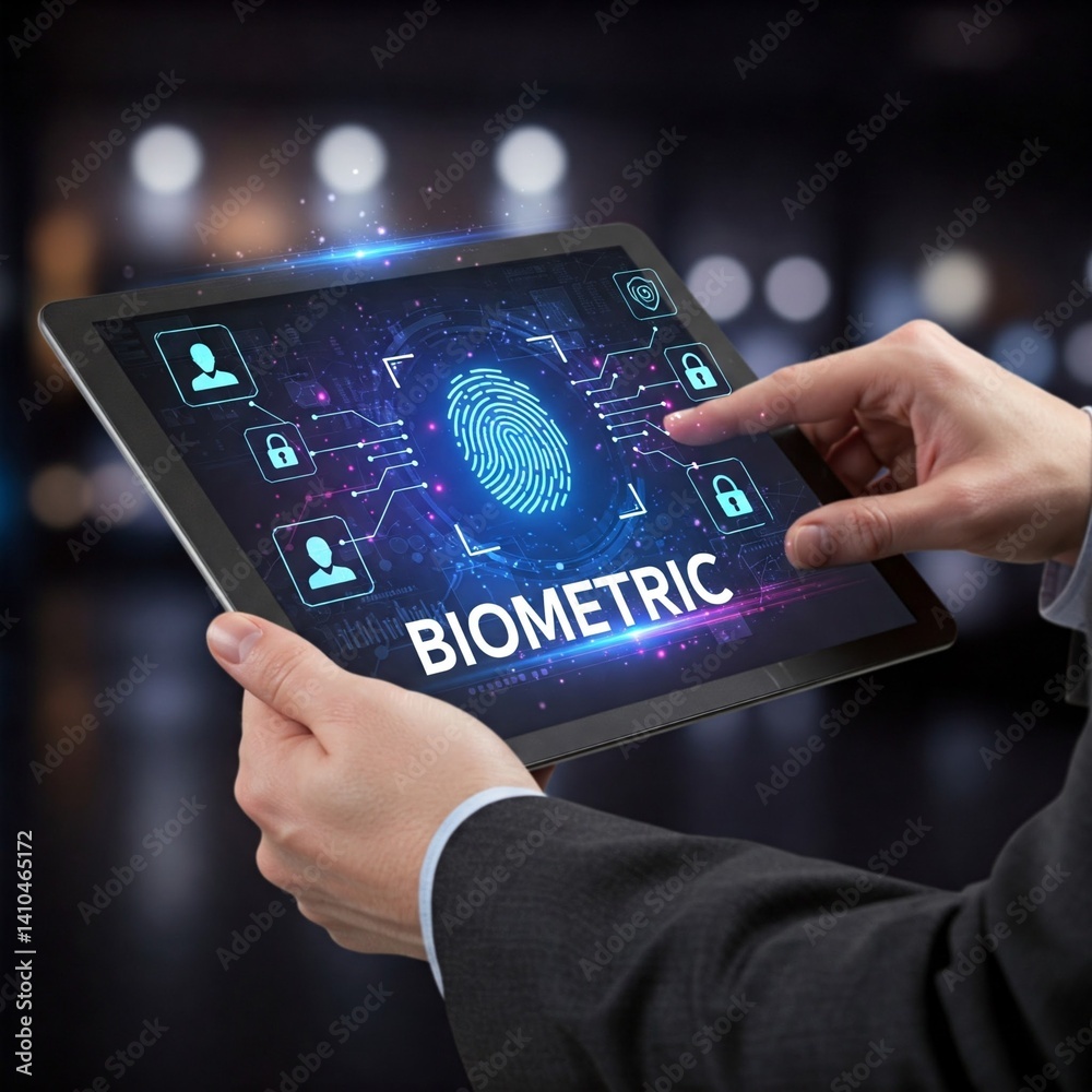 Fototapeta premium Businessman using a tablet to analyze biometric data for security authentication, identity verification, access control, and fraud prevention, ensuring accurate and reliable identification processes.