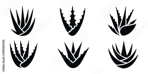 Aloe vera vector illustration. Agave leaves hand drawn black on white background. Cosmetic plant silhouette, Aloe vera silhouette icon set, Black and white silhouette of spiky aloe leaves, Aloe vera.