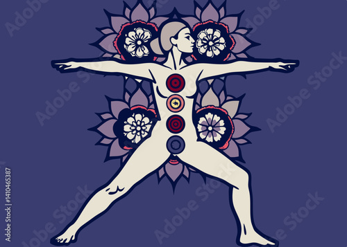 Warrior 3 yoga pose with 7 chakra symbols in a floral zentangle hand-drawn style. Intricate vector artwork perfect for wellness, spirituality, and decorative designs.