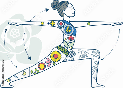 Warrior 3 yoga pose with 7 chakra symbols in a floral zentangle hand-drawn style. Intricate vector artwork perfect for wellness, spirituality, and decorative designs.