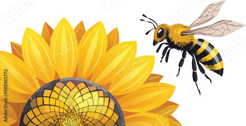 Bee hovering near a sunflower vector isolated