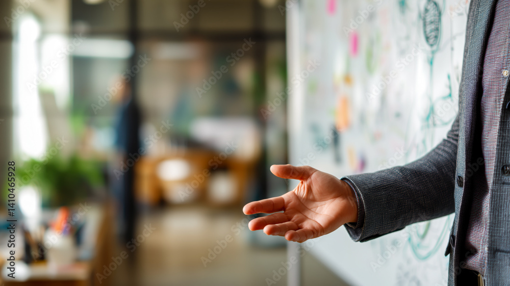 Fototapeta premium Presentation in Progress: A person gesturing towards a whiteboard with ideas and brainstorming in a modern office space.