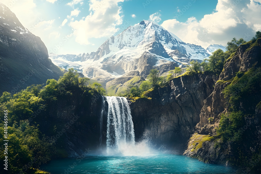 Fototapeta premium Majestic mountain waterfall cascading into a serene alpine lake.