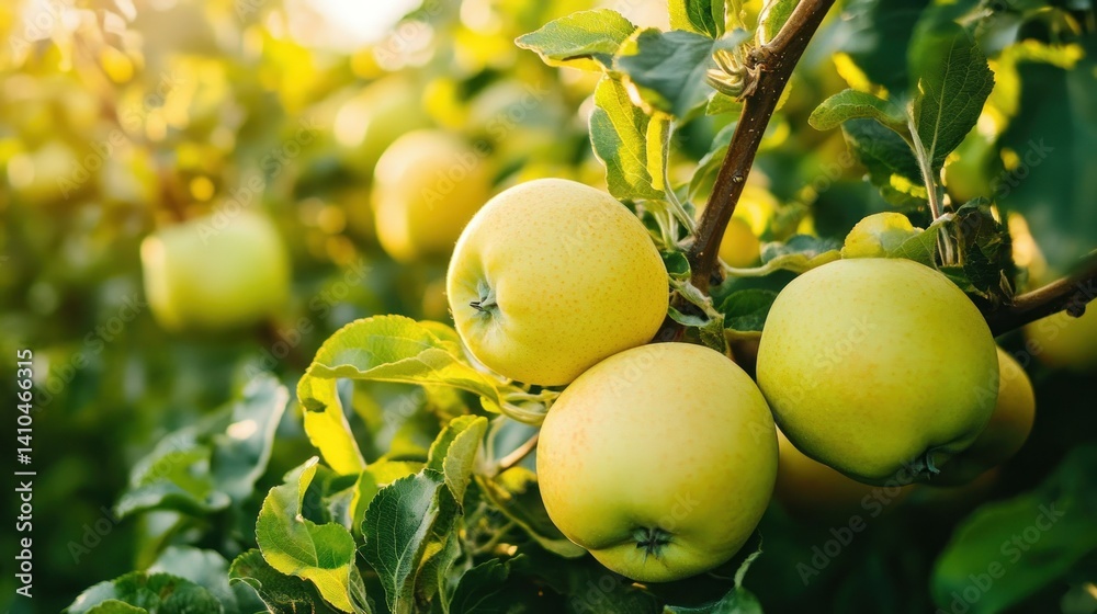 Golden apples are growing on the branches of a tree outdoors Golden apples are growing on the branches of a tree outdoors