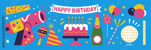 Colorful vector illustration of birthday party items with "Happy Birthday" banner – Great for greeting cards, festive advertising, or children’s party content.