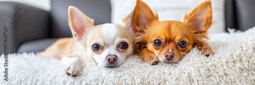 Adorable Chihuahuas Resting on Fluffy Blanket - Two cute Chihuahuas, one light cream and one reddish-brown, lie together on a fluffy white blanket