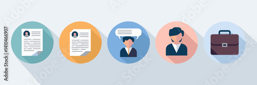 Flat illustration of job search icons including resume and interview elements