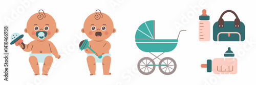 Pastel baby care icons with pacifier, rattle, stroller, and bottle – Great for parenting blogs, baby product branding, or nursery decor.