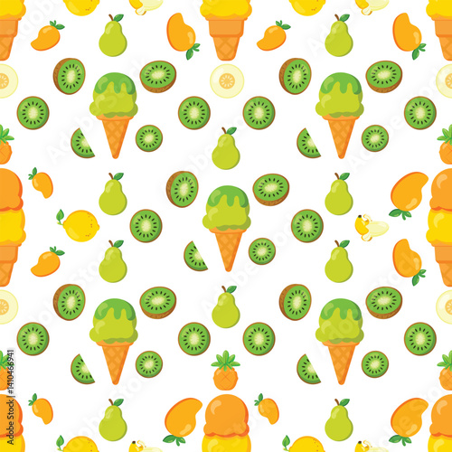 Tropical fruit ice cream seamless pattern Summer dessert background with mango kiwi pineapple pear Bright and colorful frozen treat design Repeatable fruity ice cream texture for textile prints