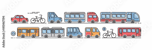 Line vector icons of cars, bikes, and public transportation in a row – Perfect for transport apps, city planning visuals, or automotive infographics.