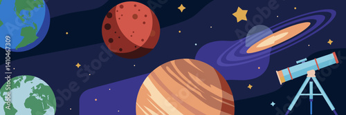 Vector illustration of solar system and space elements with galaxy – Suitable for astronomy education, science publications, or cosmic exploration content