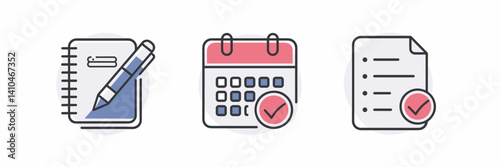 Flat vector icons of planner, calendar, and task list for productivity