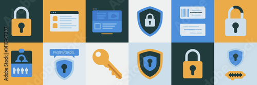 Vector design of cybersecurity icons with locks and encryption – Suitable for software branding, internet safety materials, or tech presentations