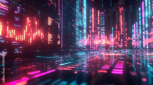 Wallpaper Mural Digital Cityscape: An evocative scene of a futuristic metropolis at night, where neon lights of red, blue, and cyan paint the towering structures. The image showcases the intersection of technology. Torontodigital.ca