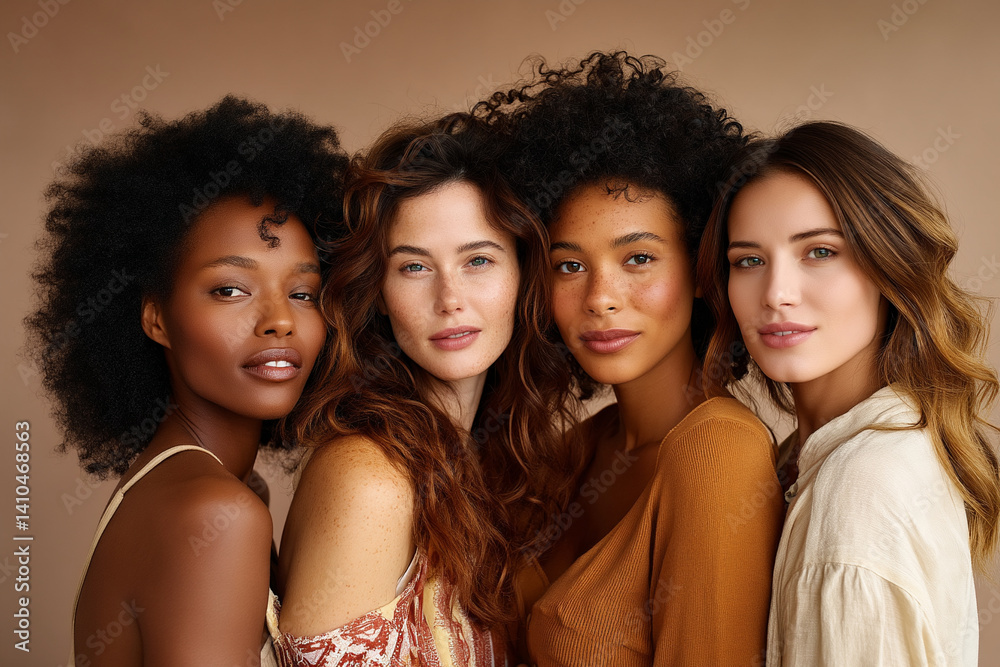 Fototapeta premium Beauty. Group Of Diversity Models Portrait. Multi-Ethnic Women With Different Skin Types Posing On Beige Background. Tender Multicultural Girls Standing Together And Looking At Camera. 
