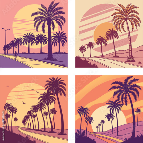A glowing sun setting behind a row of palm trees with an 80s aesthetic