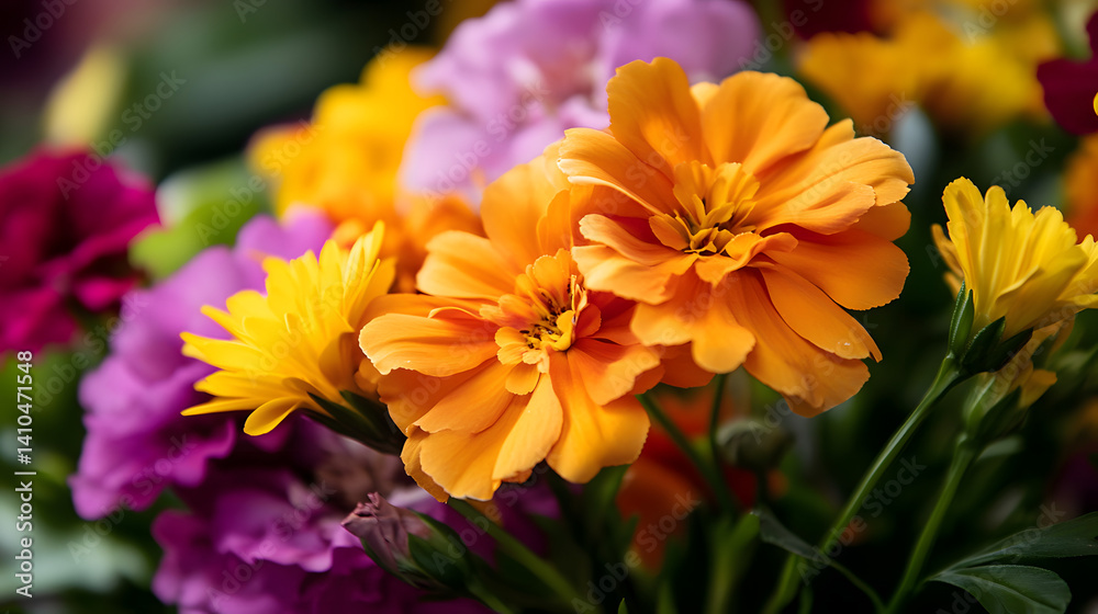 A vibrant and colorful bouquet of mixed geraniums and marigolds. A vibrant and colorful bouquet of mixed geraniums and marigolds.