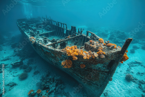 Ship wreck half-submerged in the deep blue ocean, surrounded by seagulls and crash waves.