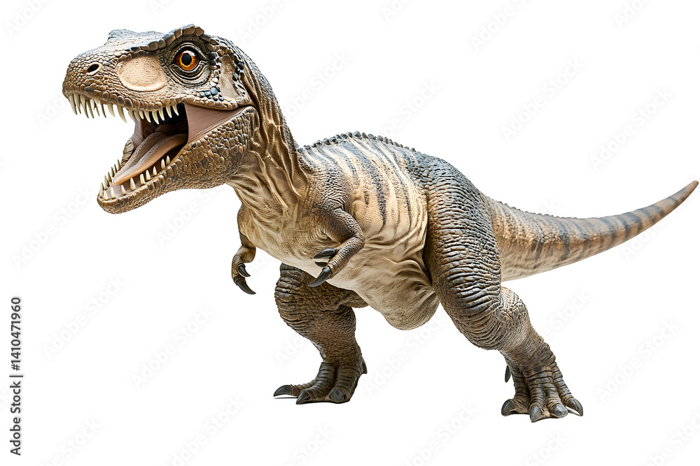 Naklejka premium Dinosaur roaring with stripes and detailed textures with open mouth on a blank background