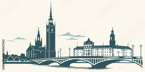 A scenic Stockholm skyline silhouette vector with Stockholm City Hall, Ericsson Globe, Gamla Stan rooftops, and bridges.