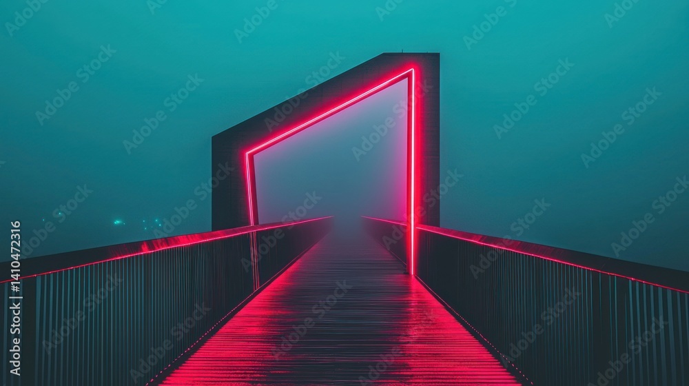 A neon red lighted bridge leading through mysterious misty fog A neon red lighted bridge leading through mysterious misty fog