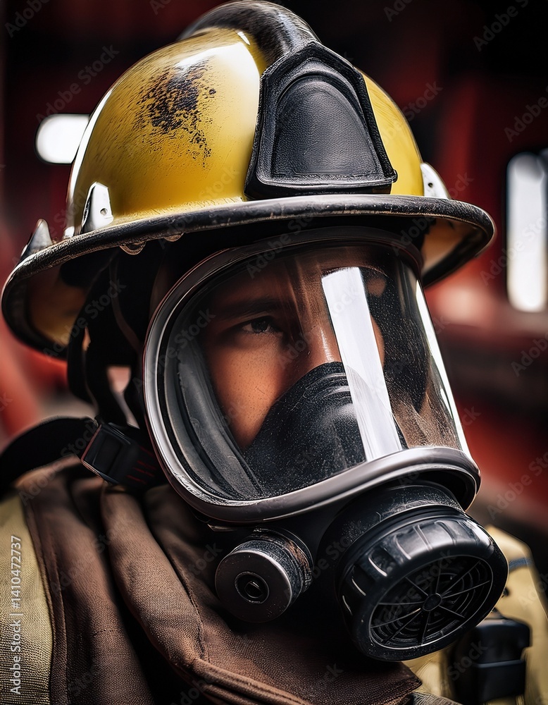 Fototapeta premium Close-Up of Firefighter Helmet and Mask with Soot Marks