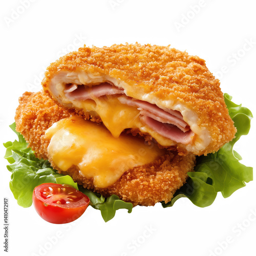 Crispy chicken cordon bleu stuffed with ham and cheese isolated on transparent background.