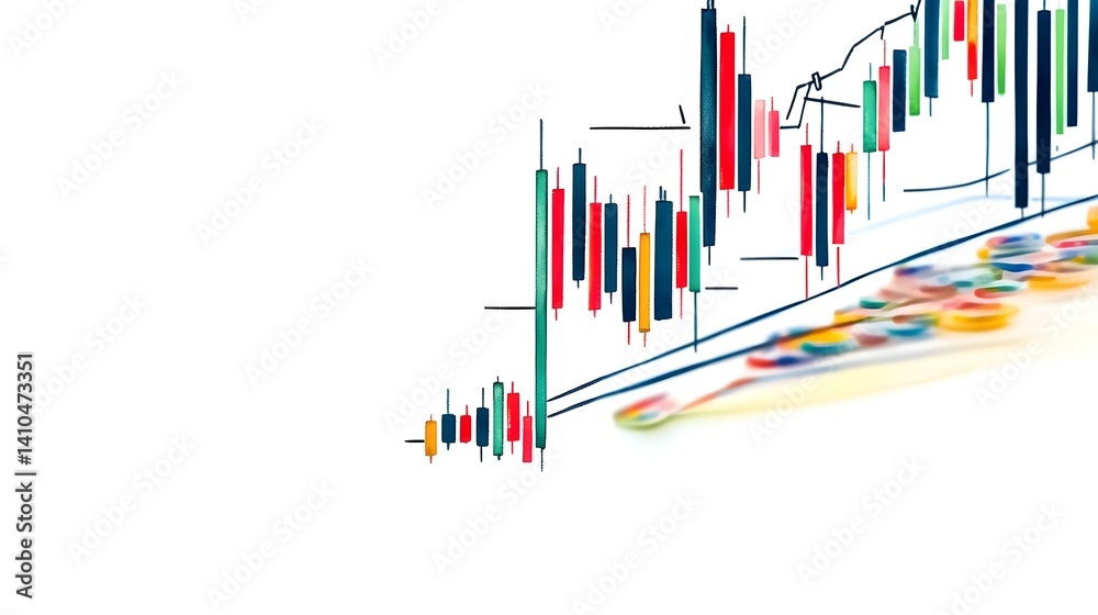 A vibrant financial chart with candlestick patterns, indicating market trends, alongside colorful circular shapes. A vibrant financial chart with candlestick patterns, indicating market trends, alongside colorful circular shapes.