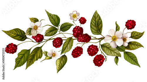 A bunch of raspberries and flowers on a branch with leaves