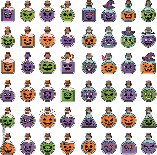 Halloween Potion Bottle Icons Set – Cute Spooky Faces Vector Collection