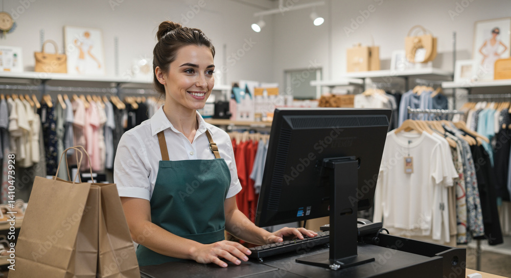 Store cashier smiling while working at a retail checkout counter Store cashier smiling while working at a retail checkout counter