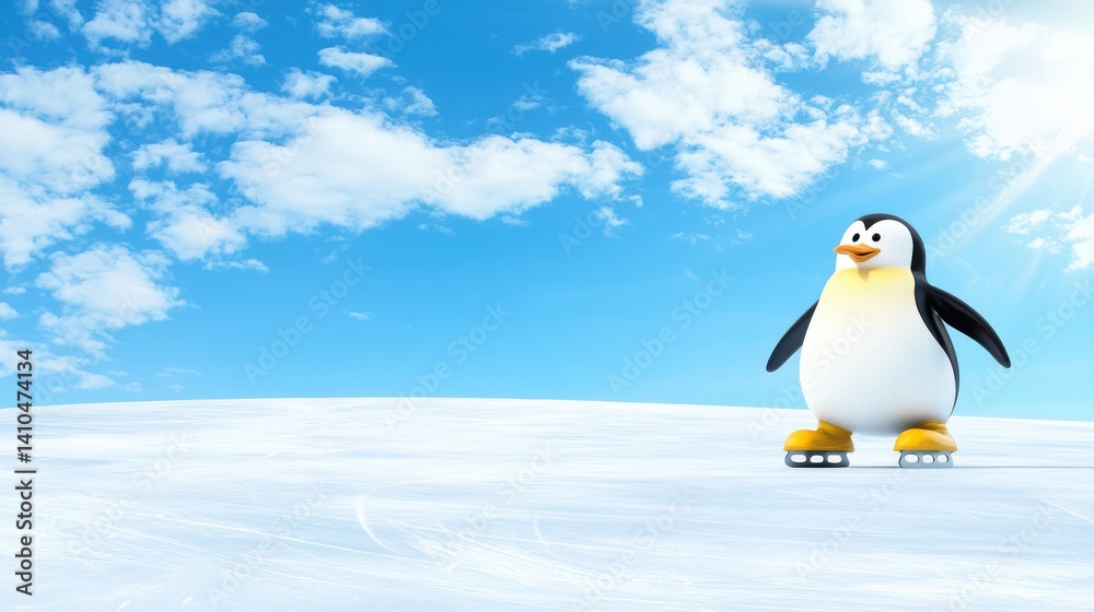 Obraz premium Happy little penguin ice skating on frozen lake winter wonderland animation bright blue sky joyful scene