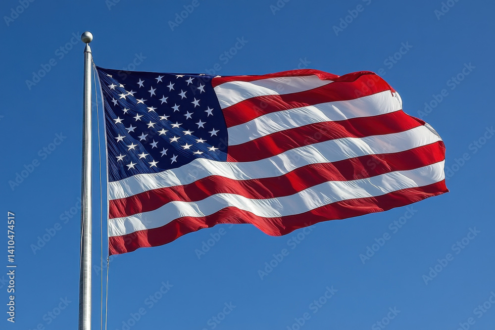 Obraz premium An American flag flies proudly in the wind, against a clear blue sky.