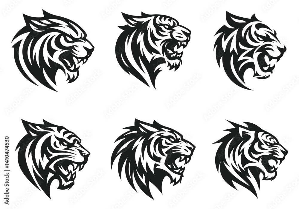 Fototapeta premium A tiger head logo and tattoo on a white background that is completely silhouetted. Wild animal.