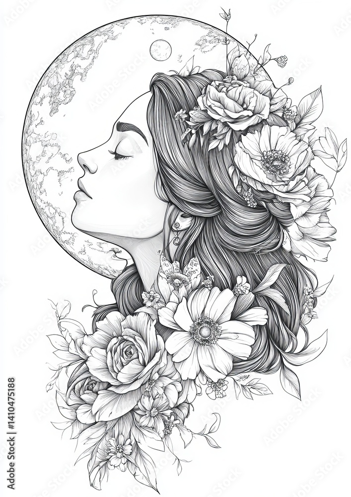 Fototapeta premium Moon with Flower Queens Coloring Pages