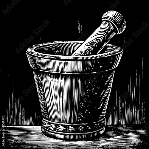A wooden mortar and pestle sits in a small bowl