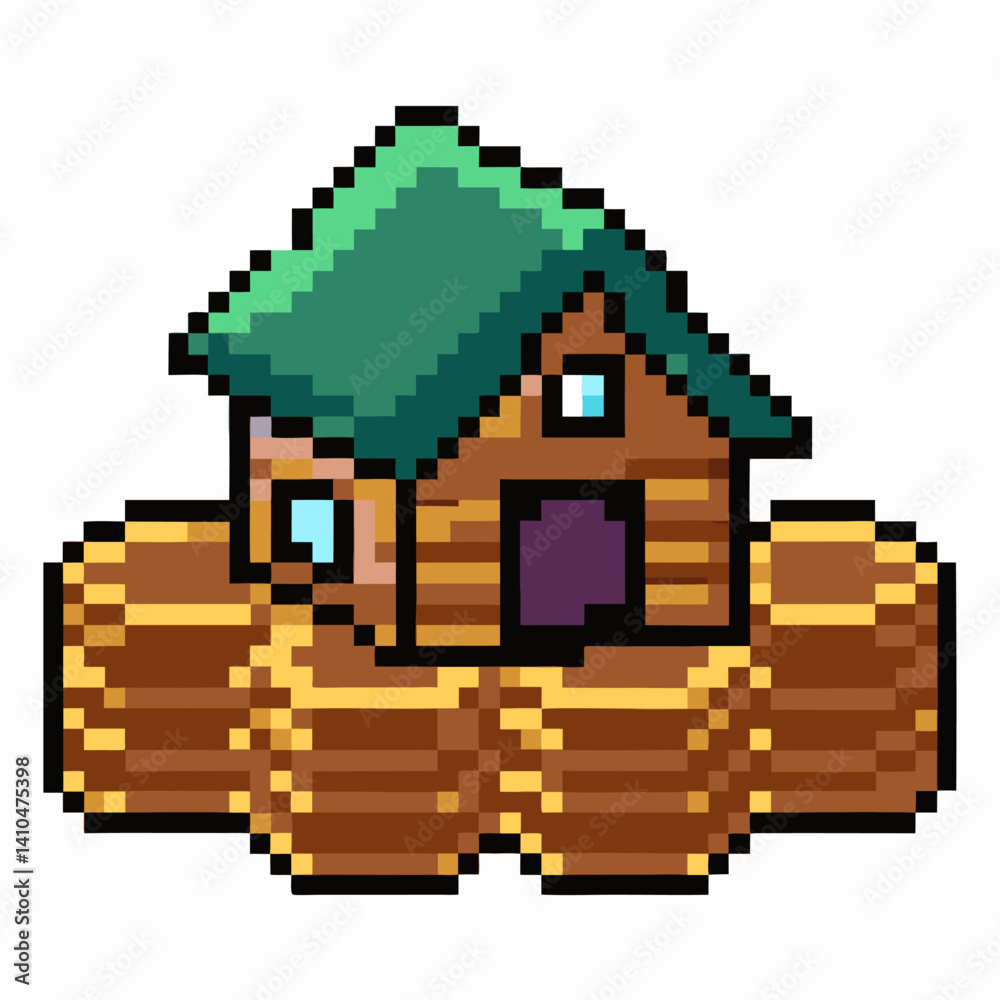 Obraz premium Pixelated Wooden House with Green Roof on Stacked Logs Retro Video Game Style