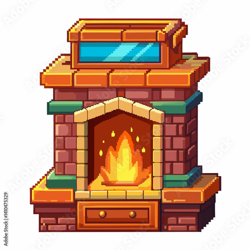 Pixel Art Fireplace Illustration with Cozy Flame and Rustic Design